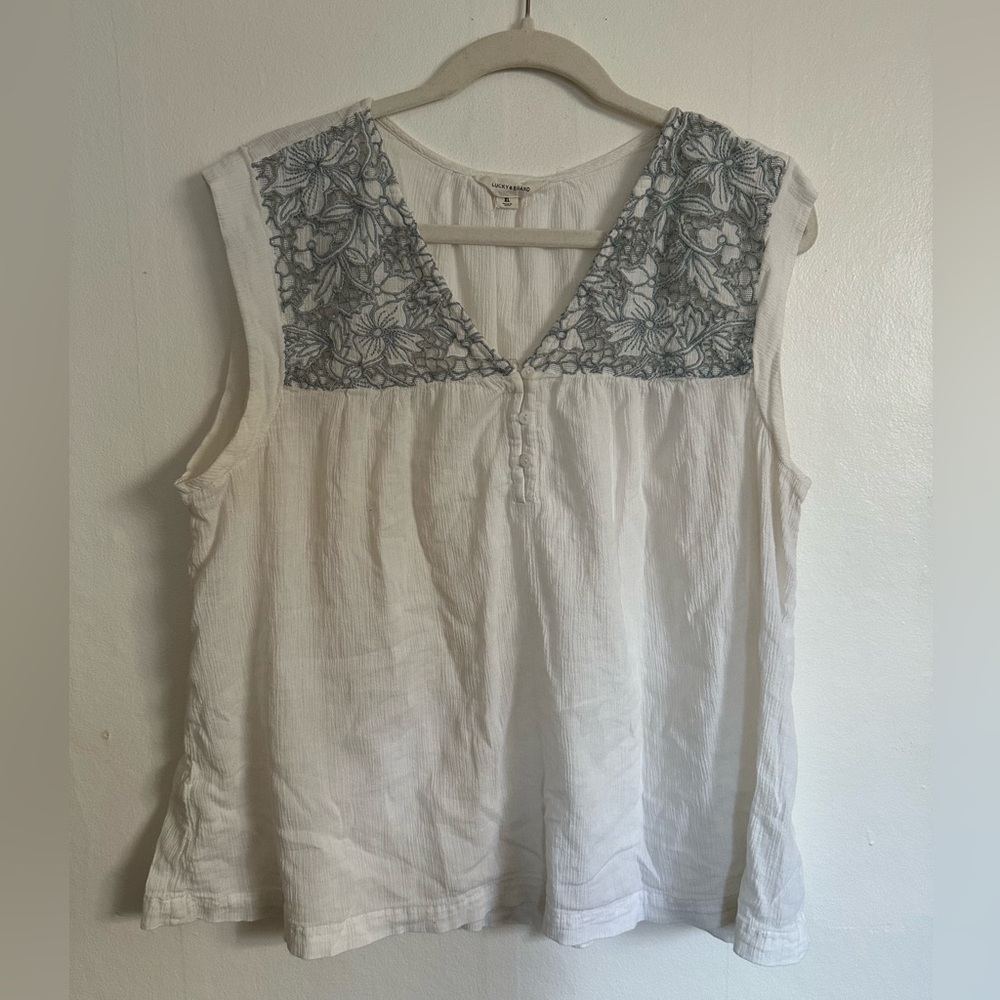 Women's Sleeveless White Top with Blue Floral decal